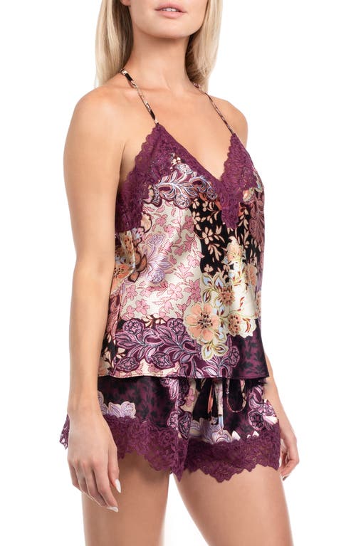 In Bloom By Jonquil Anna Printed Lace Trim Satin Camisole & Shorts Pajamas In Purple