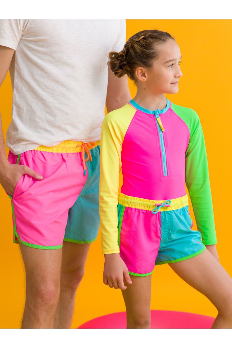 Girls UPF50+ Sun Protection Long Sleeve Rash Guard One Piece, Alternate, color, Neon Color Block