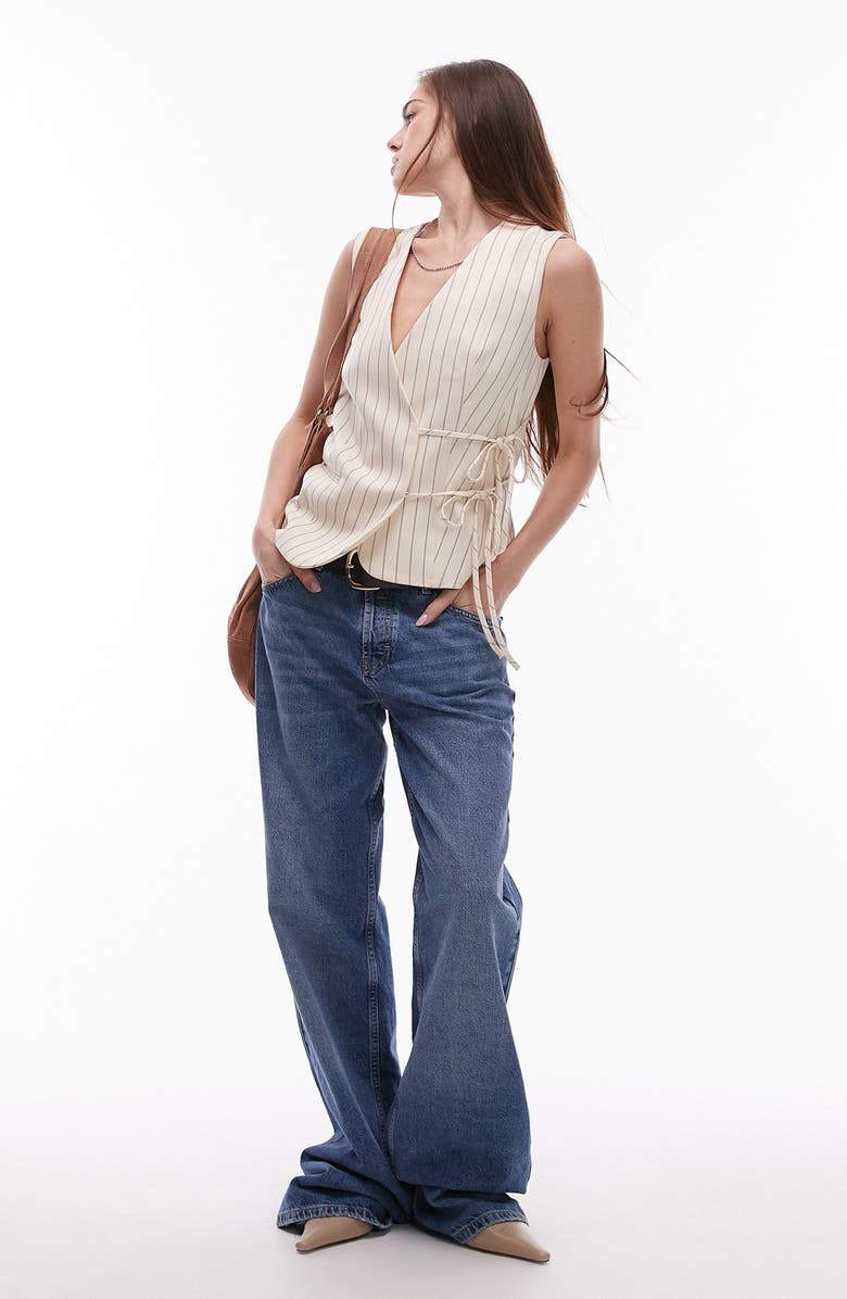 Topshop Pinstripe Side Tie Waistcoat, Alternate, color, Beige