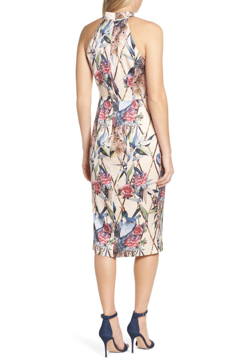 Peacock Halter Sheath Dress, Alternate, color, PEACH COMBO