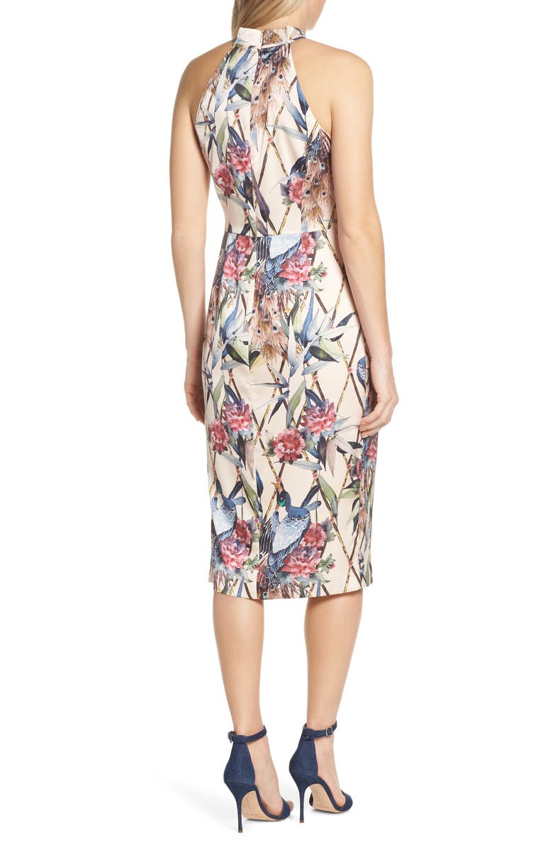 Forest Lily Peacock Halter Sheath Dress, Alternate, color, 