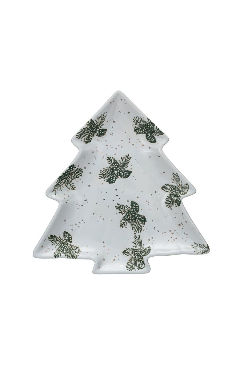 Storied Home Stoneware Tree Shaped Plate with Wax Relief Pinecones, Pine Boughs and Gold Electroplating, White, Main, color, 