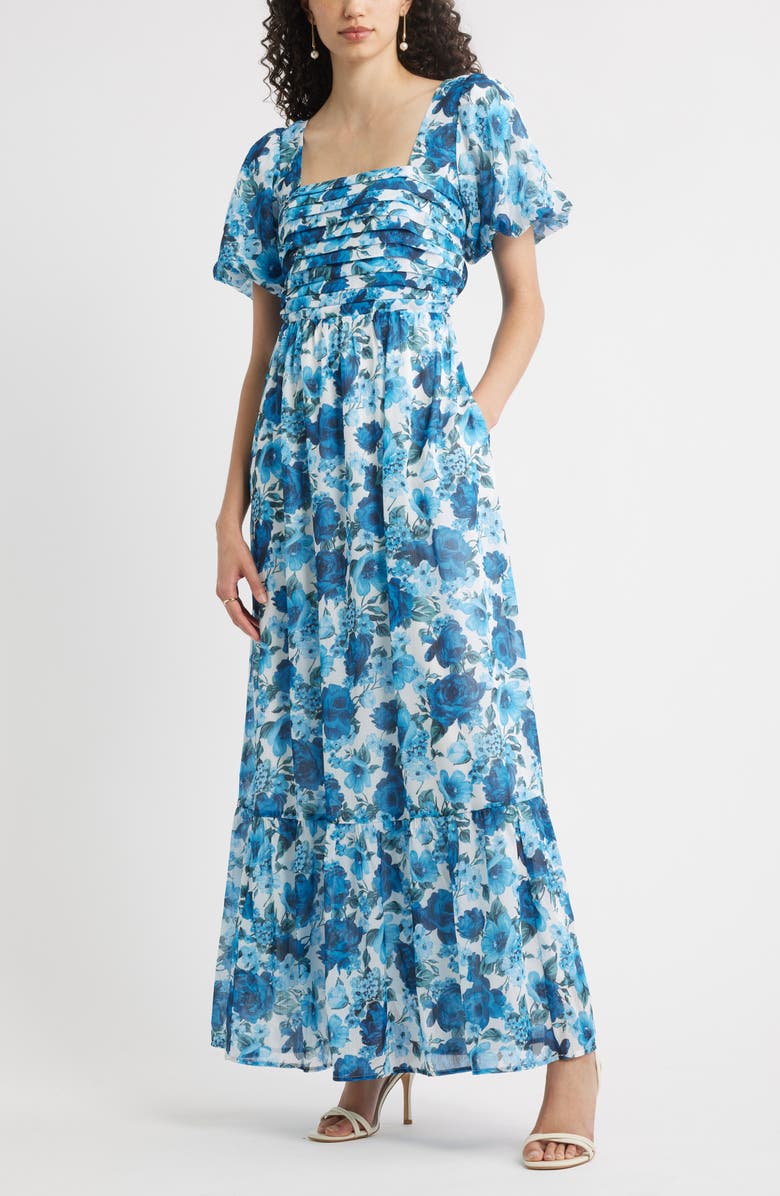 Chelsea28 Floral Tiered Puff Sleeve Maxi Dress, Main, color, Blue Floral