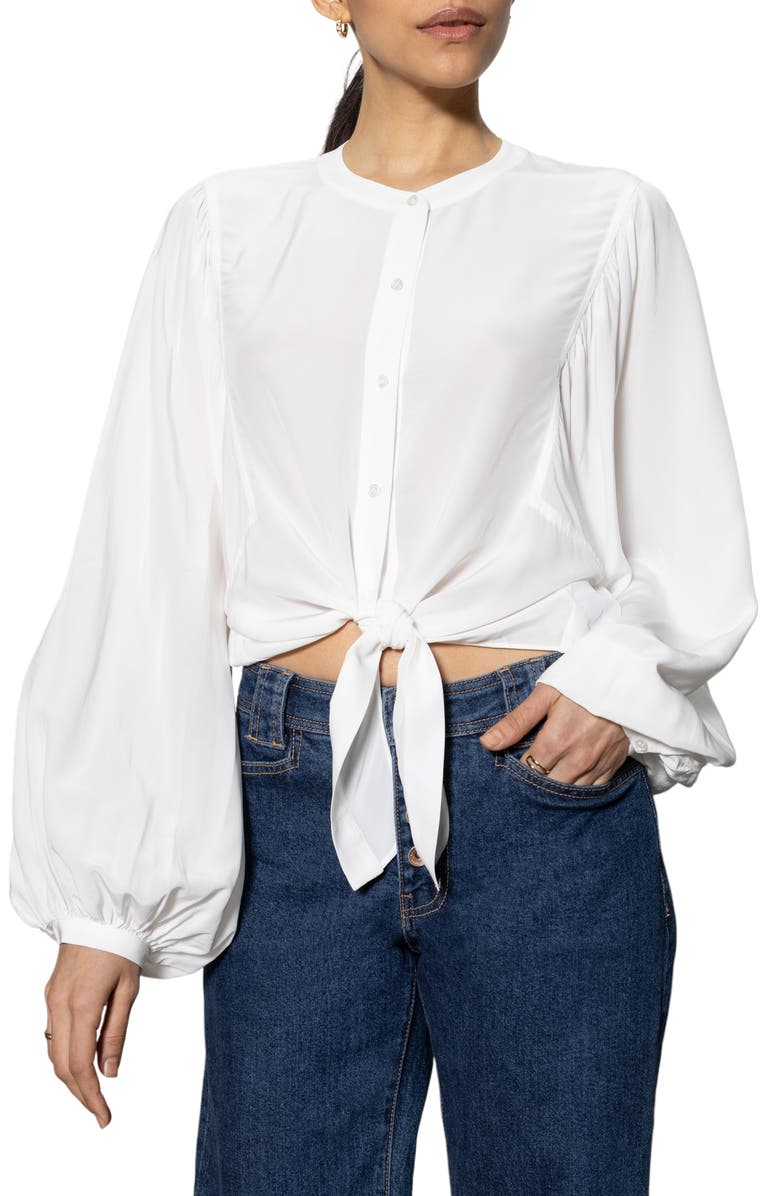 Sanctuary Voluminous Sleeve Tie Hem Button-Up Top, Main, color, 