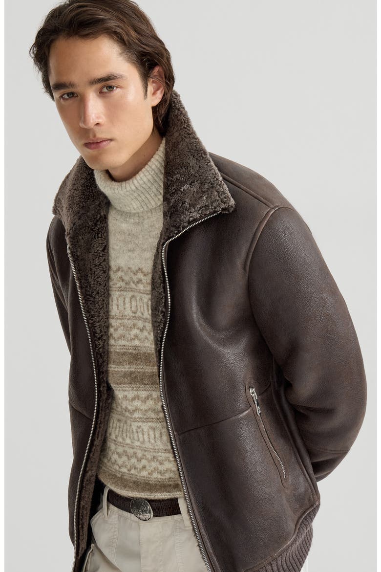 Vintage-effect shearling bomber jacket, Alternate, color, Brown
