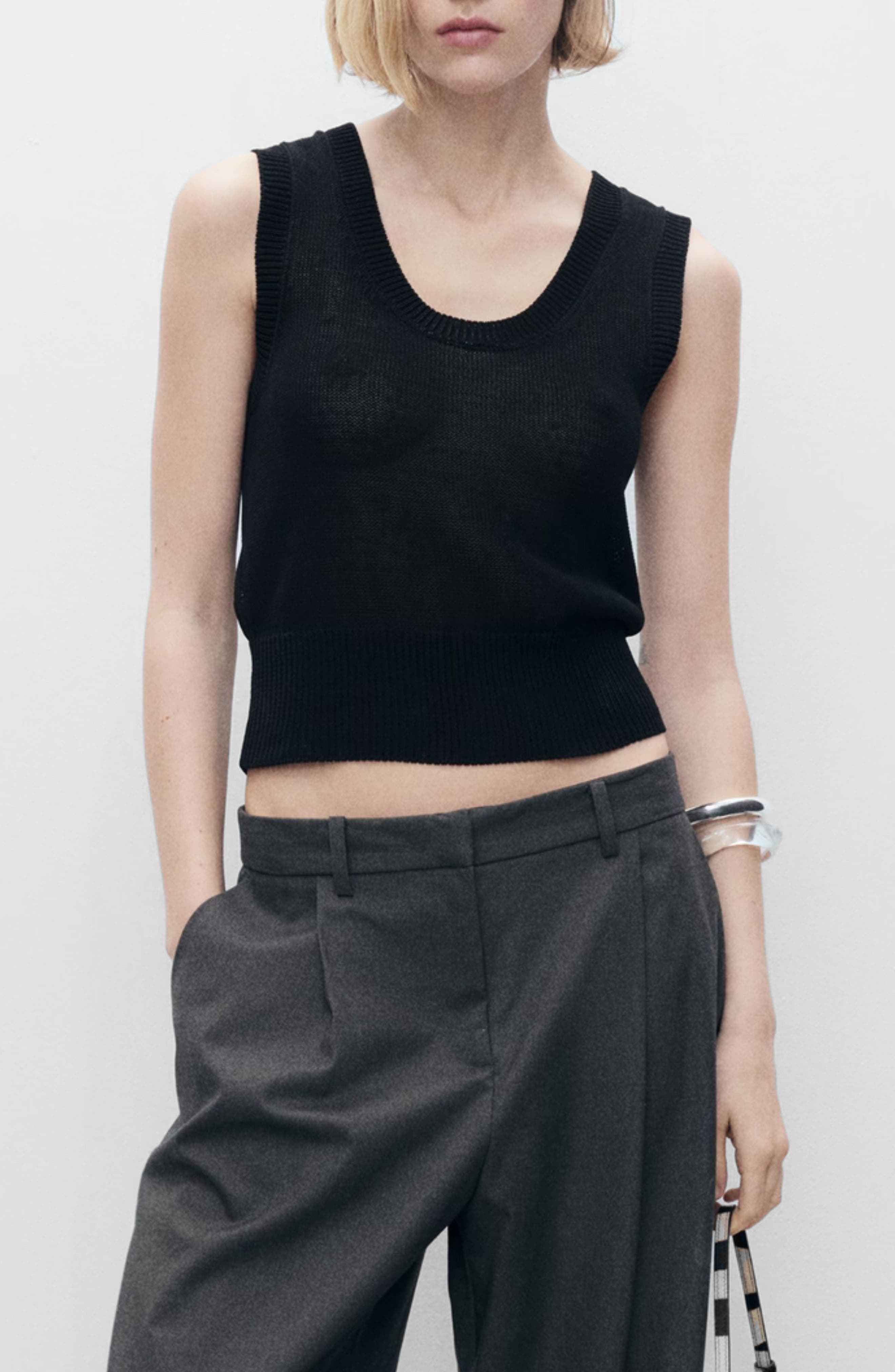 MANGO Scoop Neck Cotton Blend Sweater Tank