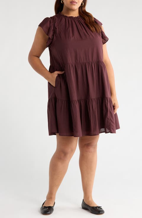 Tiered High Neck Shift Minidress (Plus)