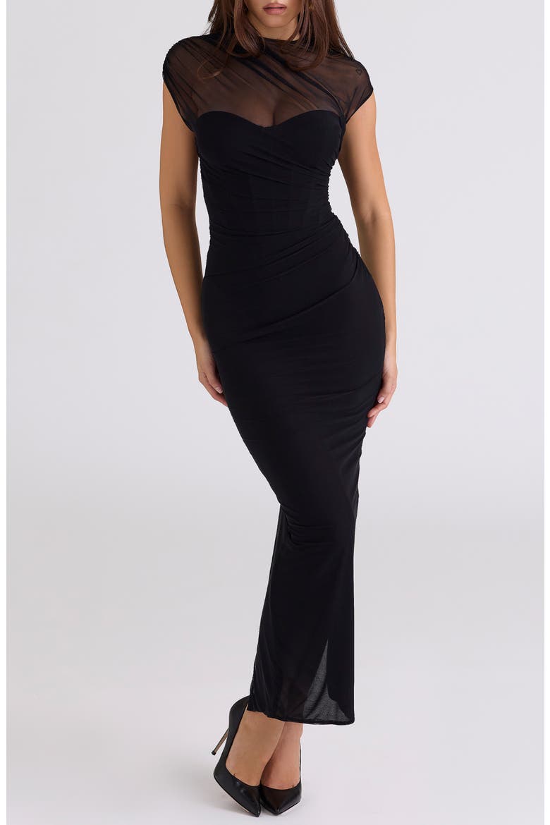 Orelia Draped Mesh Gown, Alternate, color, BLACK