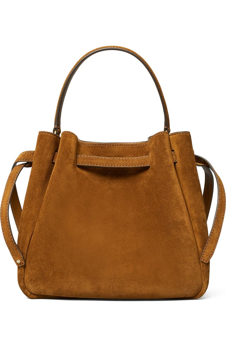 Tory Burch Romy Suede Bucket Bag, Alternate, color, Caramel