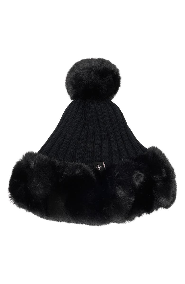 Nanette Lepore Oversize Faux Fur Trim Beanie, Main, color, Black