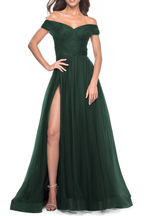 La Femme A-line Tulle Prom Dress With Off The Shoulder Top In Dark Emerald