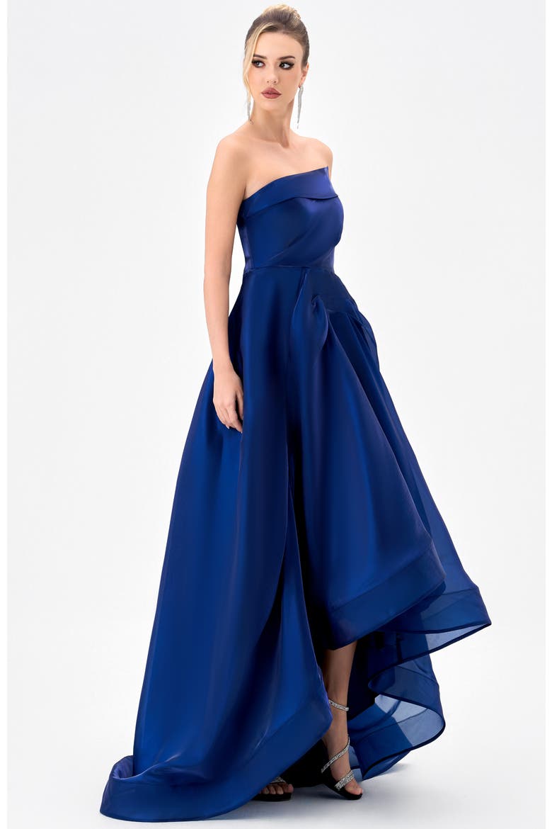 Faiy Asymertric Hi Low Gown, Alternate, color, NAVY