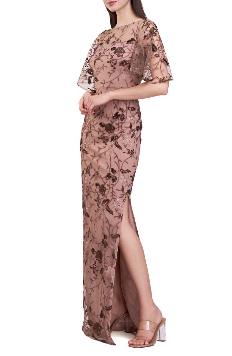 JS Collections Daphne Embroidered Sequin Column Gown, Alternate, color, Mocha