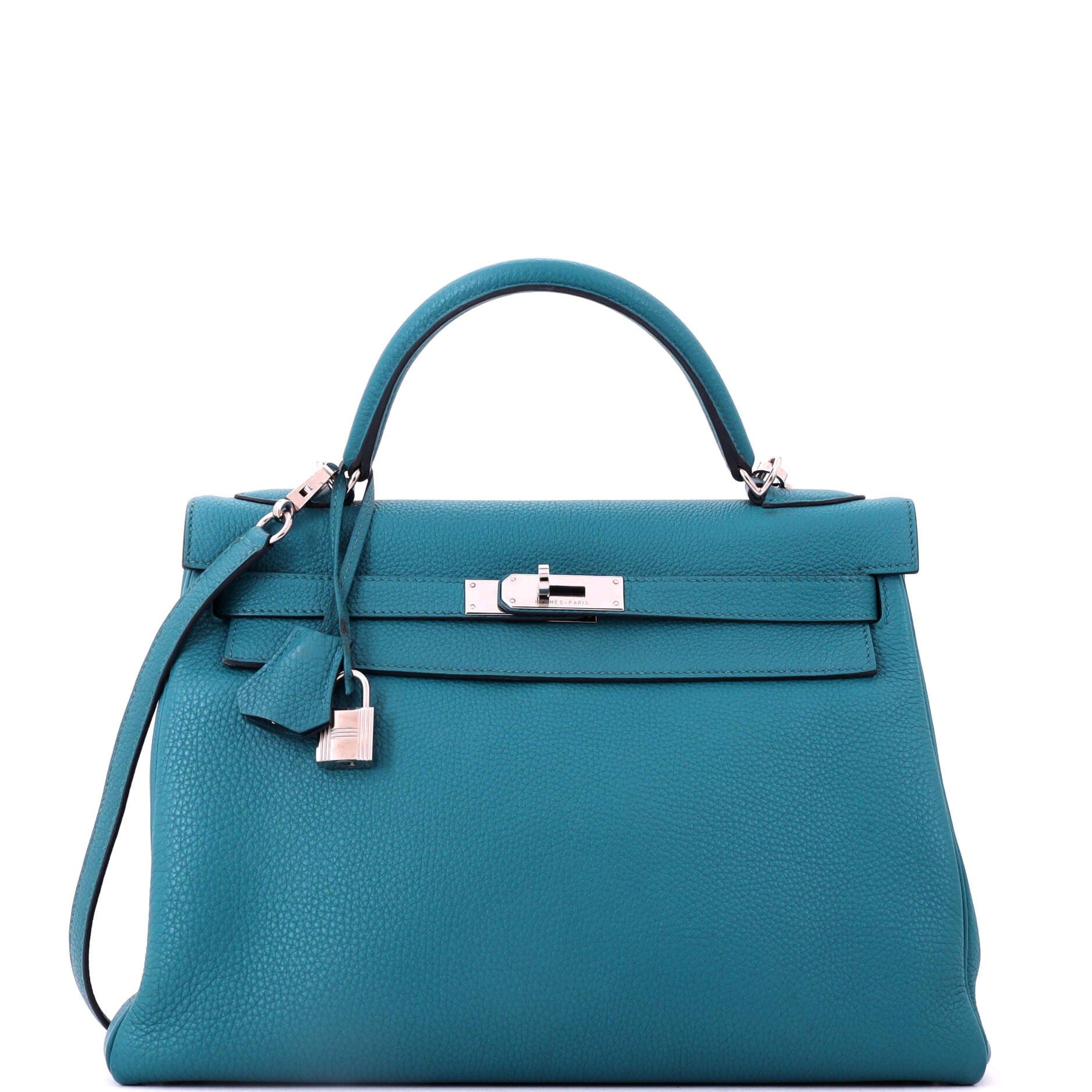 Pre-Owned Hermes Kelly Handbag Blue Togo with Palladium Hardware 32, Main, color, Bleu Izmir