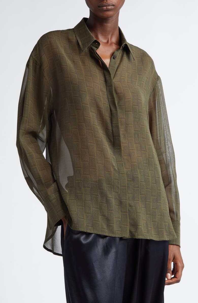 FERRAGAMO Monogram Print Silk Button-Up Shirt, Alternate, color, 