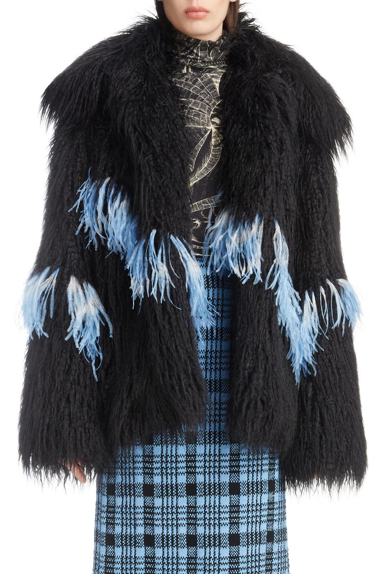 Feather Trim Faux Fur Jacket, Main, color, BLACK