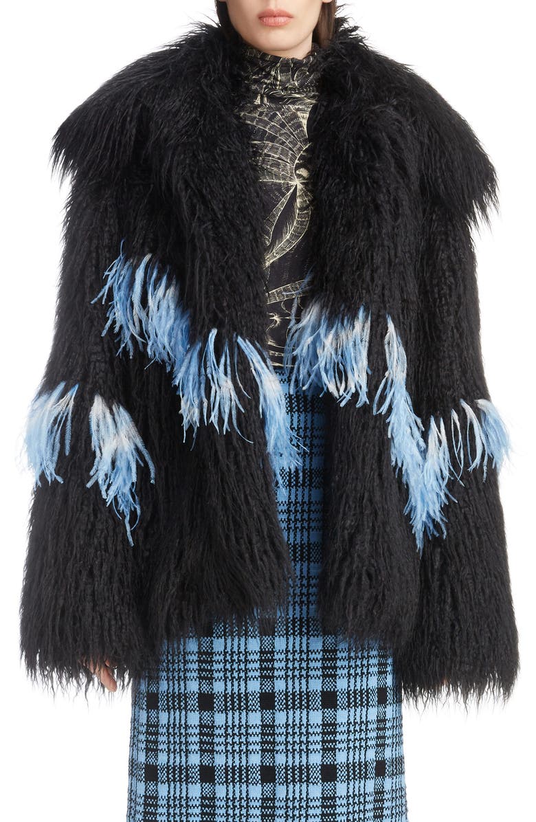 Dries Van Noten Feather Trim Faux Fur Jacket, Main, color, 