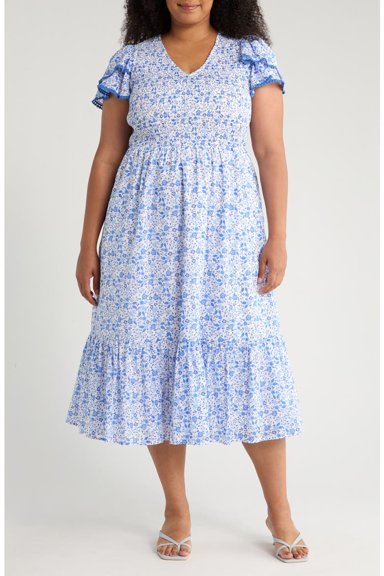 Maisie Floral Midi Dress, Main, color, WHITE/ BLUE COMBO