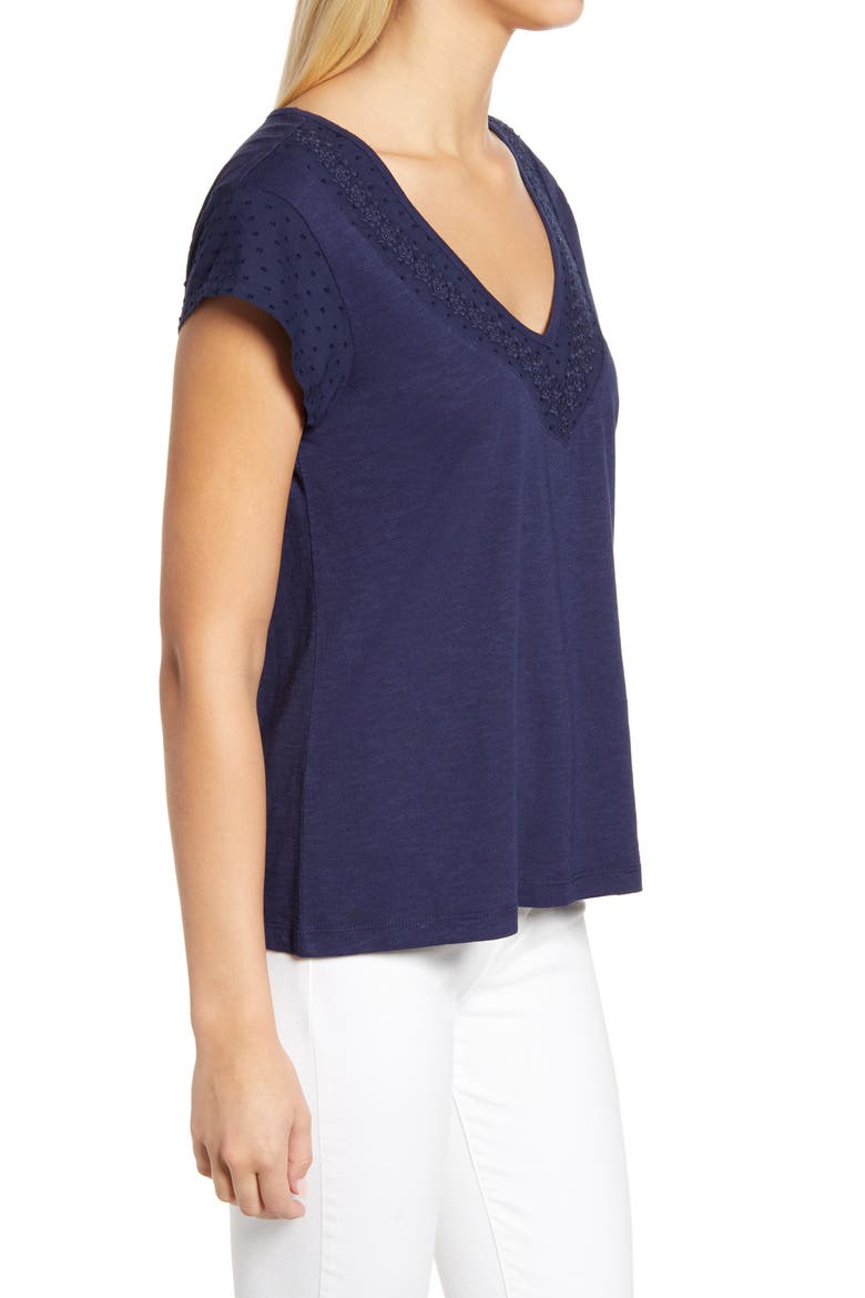 Embroidered Neck Short Sleeve Cotton Blend Top, Alternate, color, NAVY PEACOAT