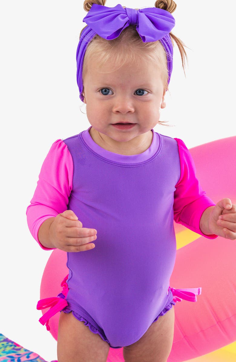 RuffleButts Kids' Neon Long Sleeve One-Piece Rashguard Swimsuit, Alternate, color, Purple