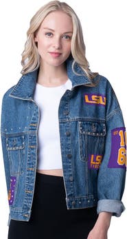 G-III 4HER BY CARL BANKS Women's G-III 4Her by Carl Banks Denim LSU Tigers Game Ball Patches and Studs Full-Button Jacket