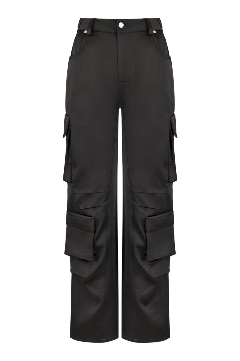 Emilie Satin High Waisted Cargo Pants, Alternate, color, Black