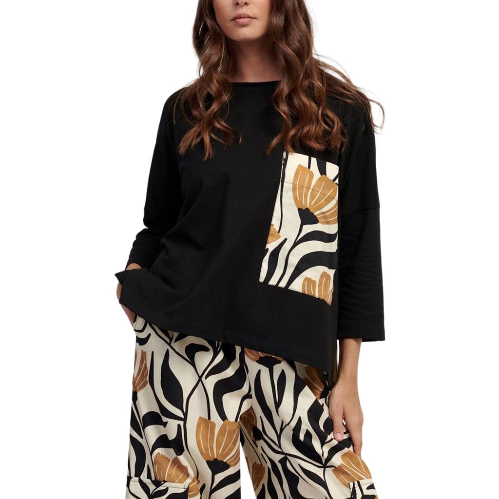 Alembika Boxy Tee With Contrast Tulip Print Patch Pocket In Black