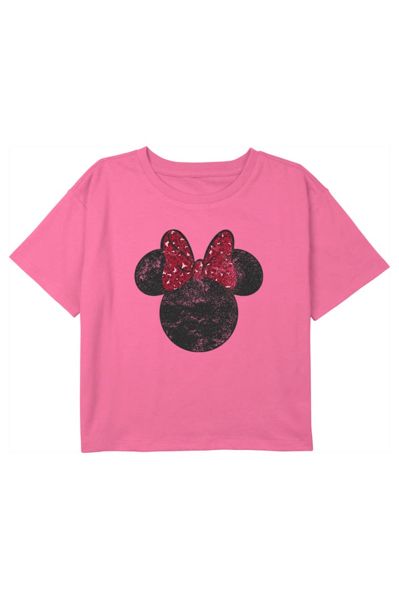 Girl's Mickey & Friends Minnie Mouse Distressed Red Leopard Bow  Graphic T-Shirt, Main, color, Light Pink