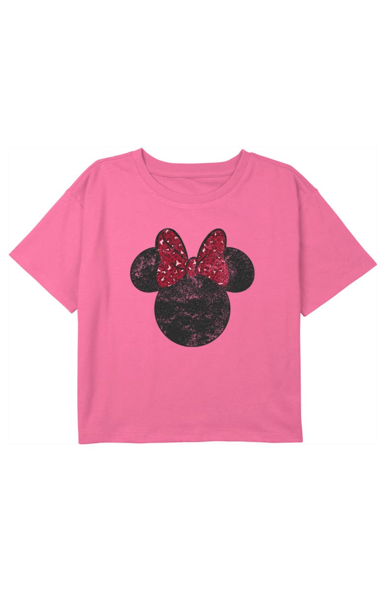 Mickey & Friends Girl's Mickey & Friends Minnie Mouse Distressed Red Leopard Bow Graphic T-Shirt, Main, color, Light Pink