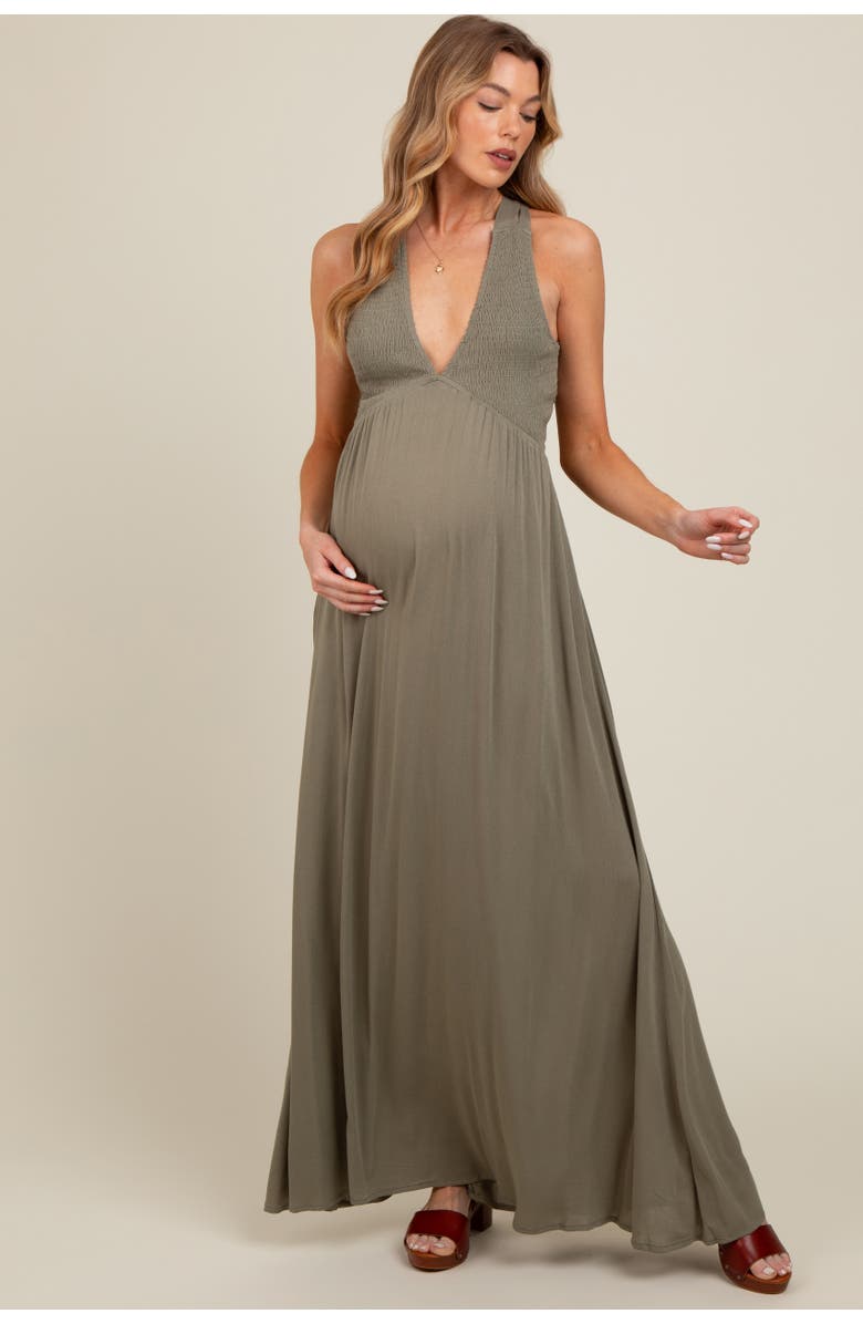 PinkBlush Deep V-Neck Cross Back Maxi Dress, Main, color, Olive Green