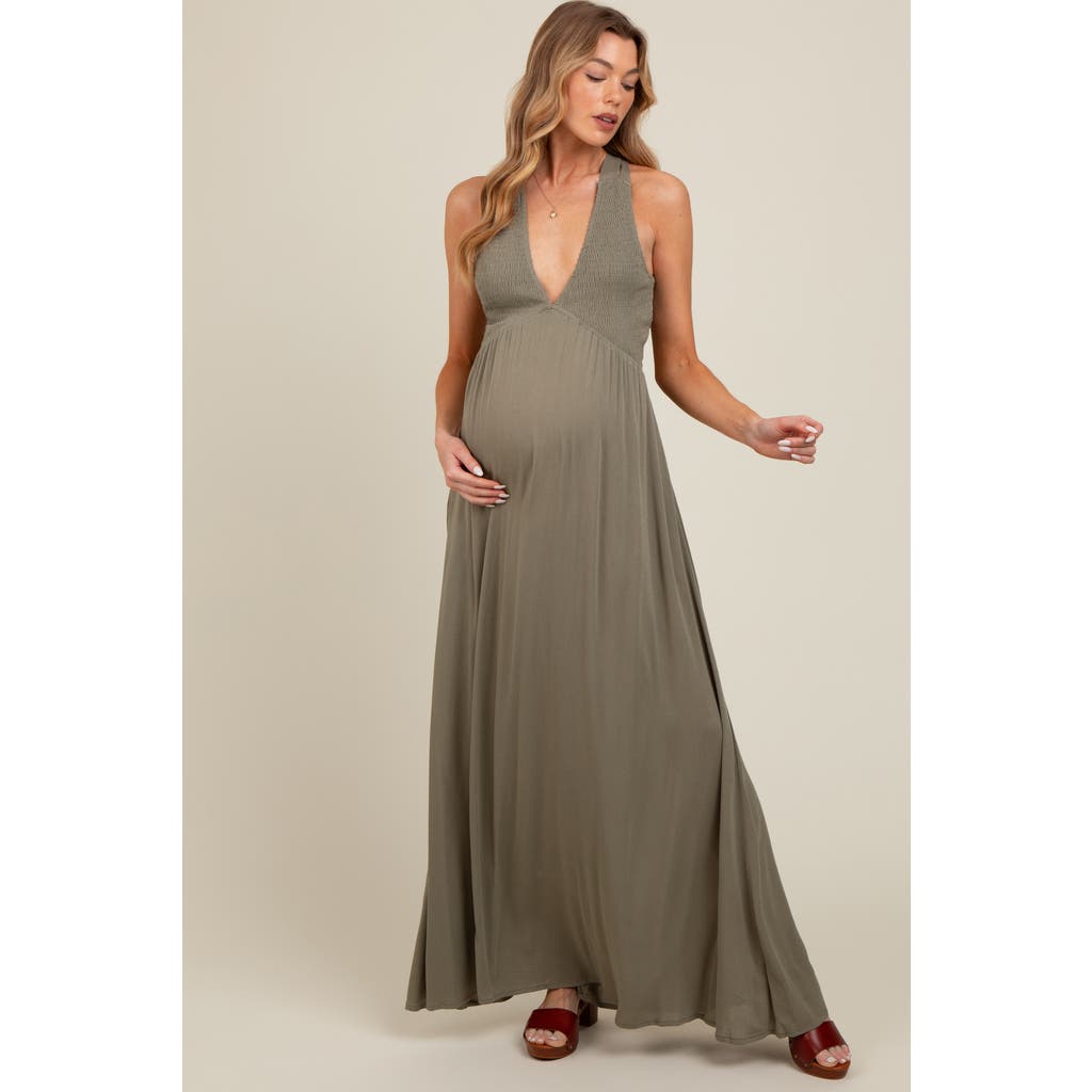 PinkBlush Deep V-Neck Cross Back Maxi Dress in Olive Green at Nordstrom, Size Medium