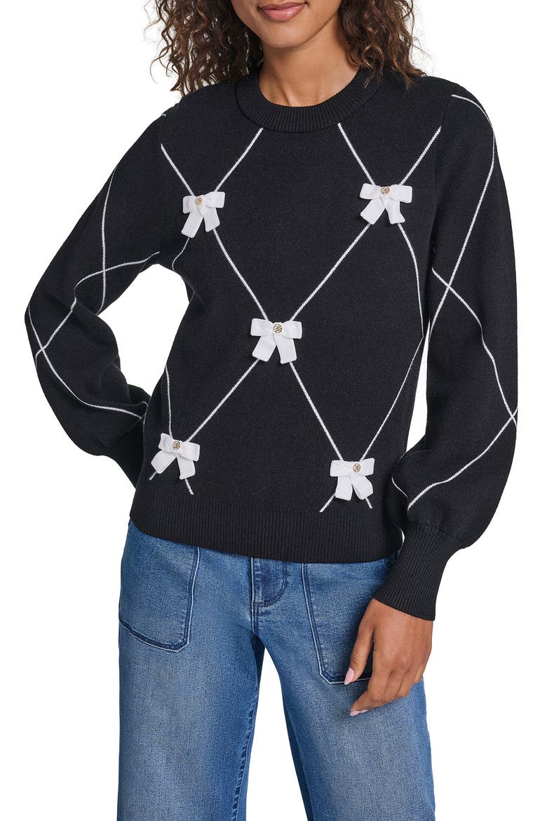 Argyle Bow Sweater, Main, color, BLACK/ SOFT WHITE