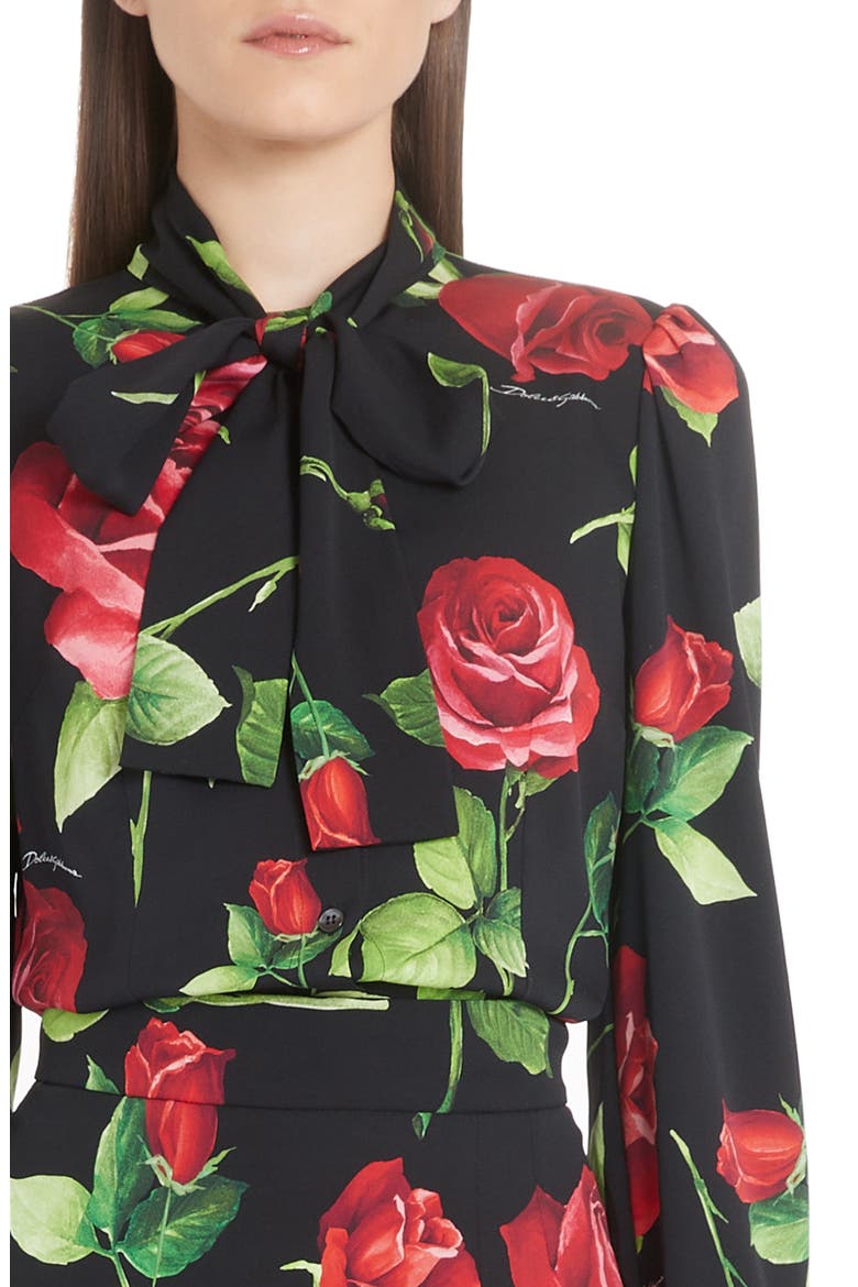 Rose Print Tie Neck Blouse, Alternate, color, ROSE BLACK