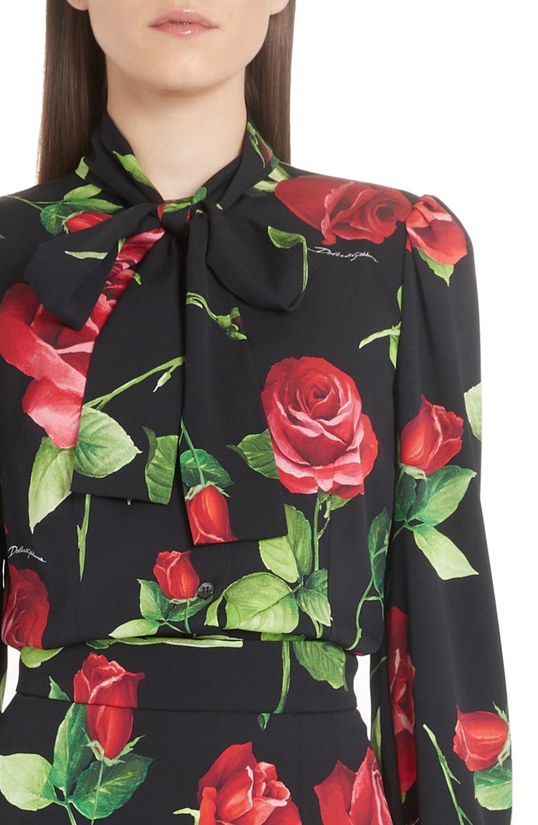 Dolce&Gabbana Rose Print Tie Neck Blouse, Alternate, color, 