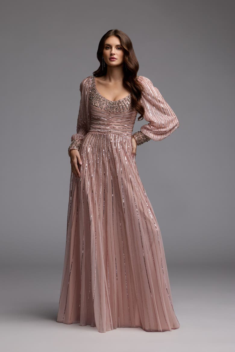 Embellished Long Sleeve Scoop Neck A-Line Gown, Alternate, color, Light Rose