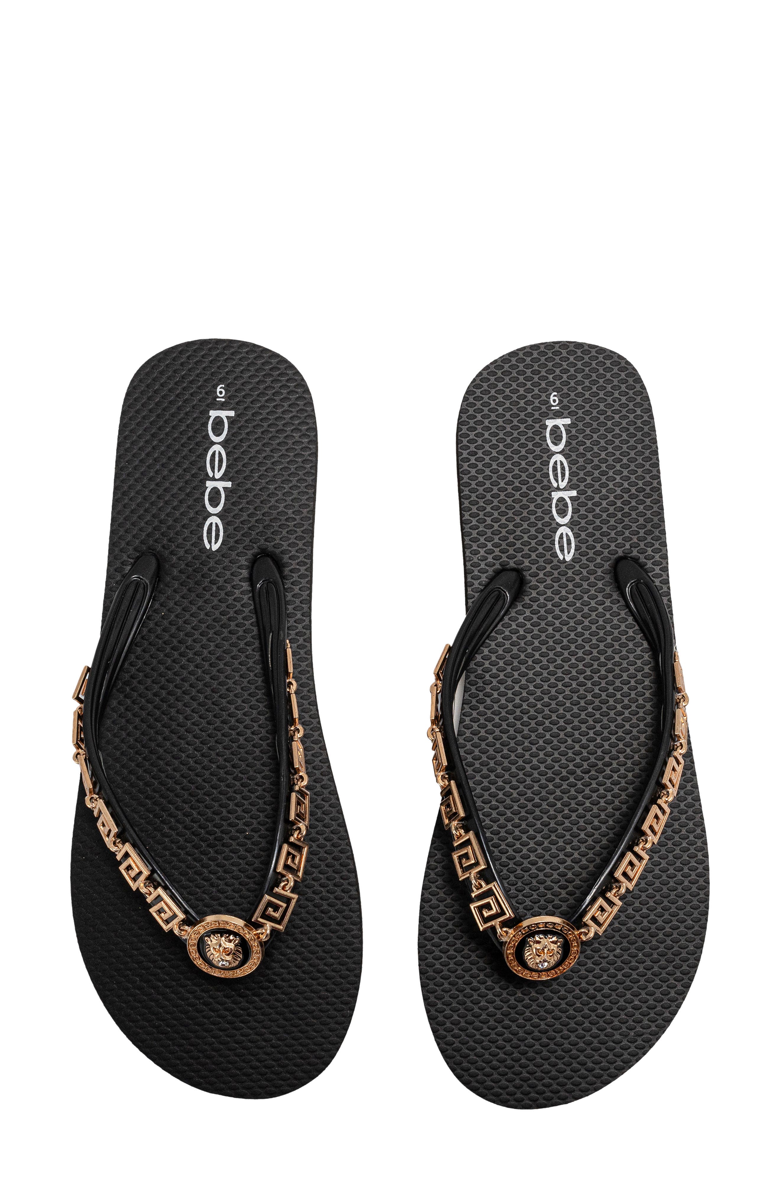 bebe Lion Charm Thong Flip Flop, Alternate, color, Black