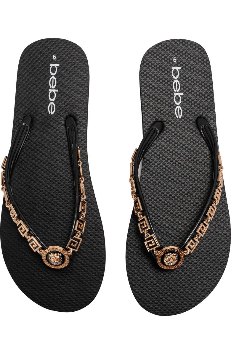 bebe Lion Charm Thong Flip Flop, Alternate, color, Black