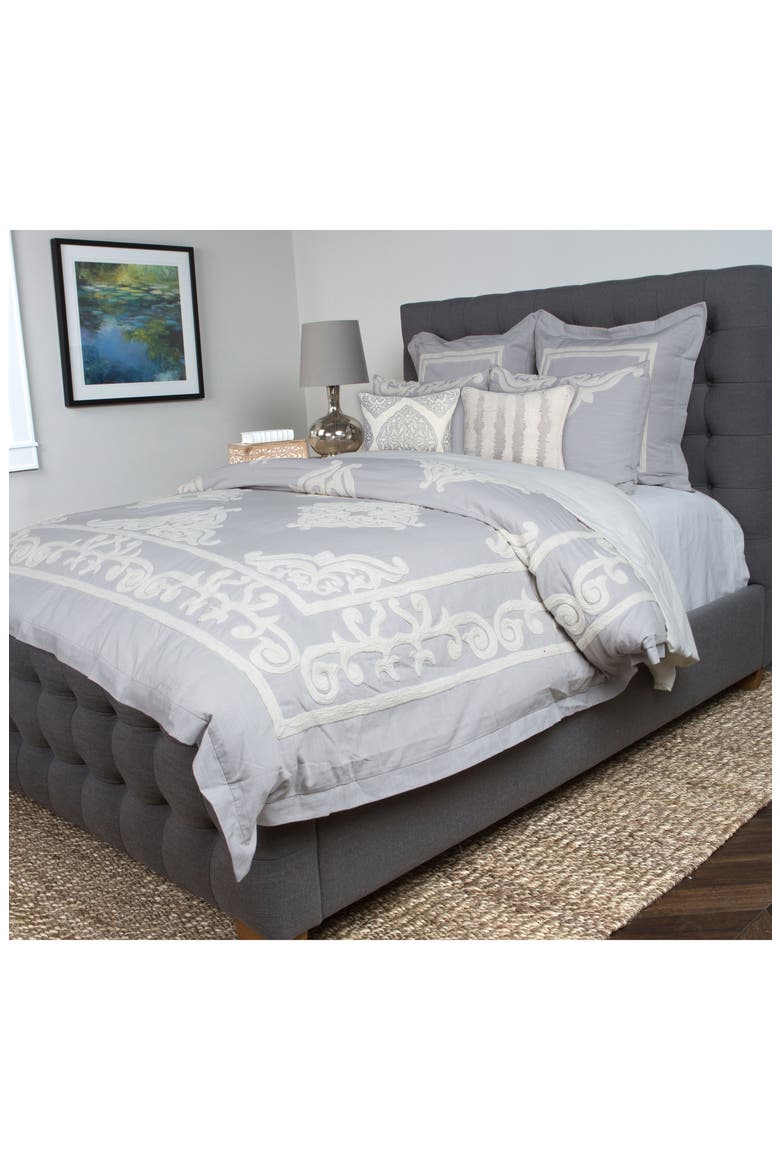Patrina Embroidered Duvet Cover, Alternate, color, SOFT GREY/ IVORY