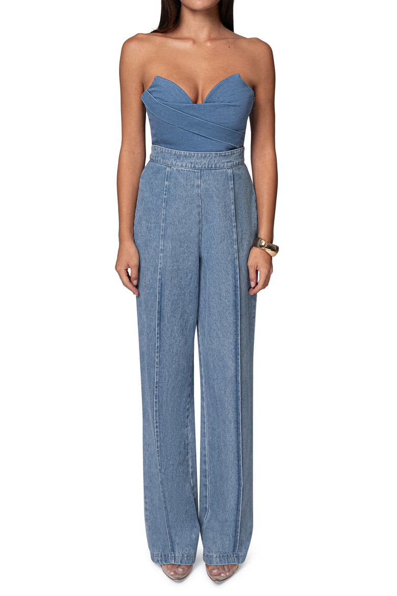 Teyana Strapless Denim Bustier Top, Alternate, color, MEDIUM WASH