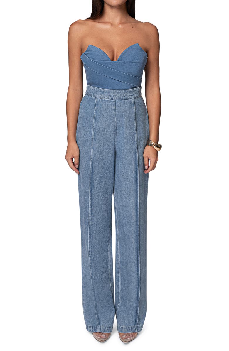 JLUXLABEL Teyana Strapless Denim Bustier Top, Alternate, color, Medium Wash