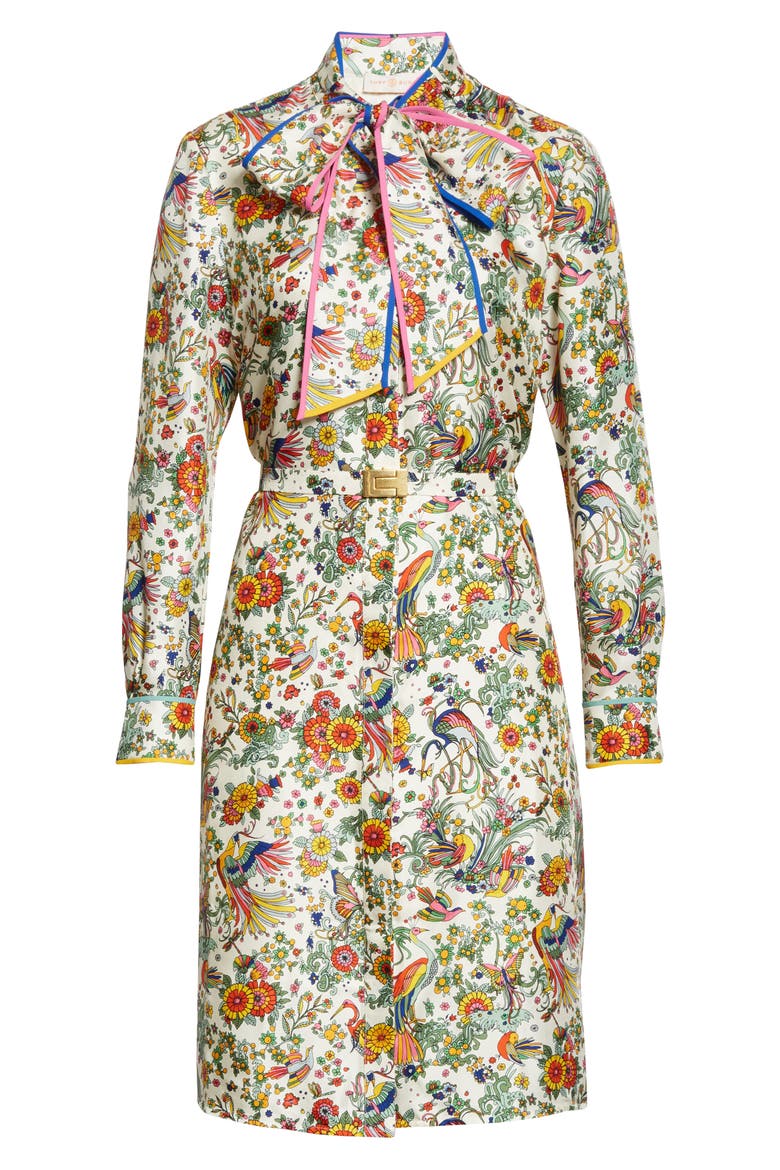 Print Contrast Binding Long Sleeve Silk Shirtdress, Alternate, color, NEW IVORY PROMISED LAND