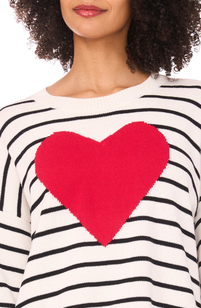 CeCe Stripe Heart Cotton Sweater, Alternate, color, Antique White