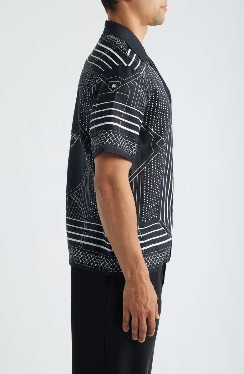 Reigning Champ Arena Relaxed Fit Geo Print Linen Camp Shirt, Alternate, color, Black-White