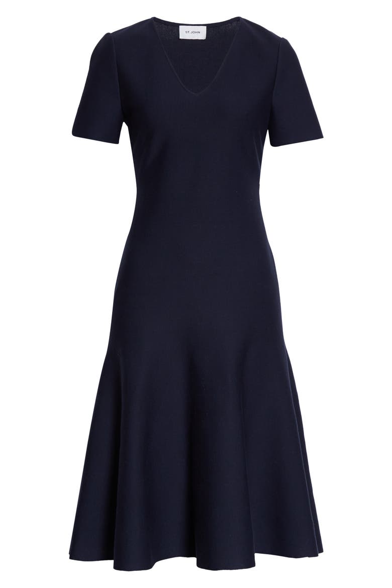 V-Neck Milano Knit Fit & Flare Dress, Alternate, color, NAVY