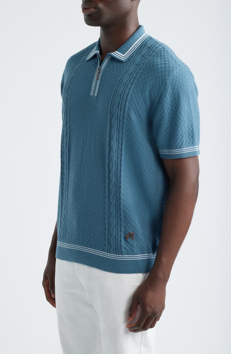 MALBON Navarro Textured Cotton Zip Polo, Alternate, color, Aegean Blue