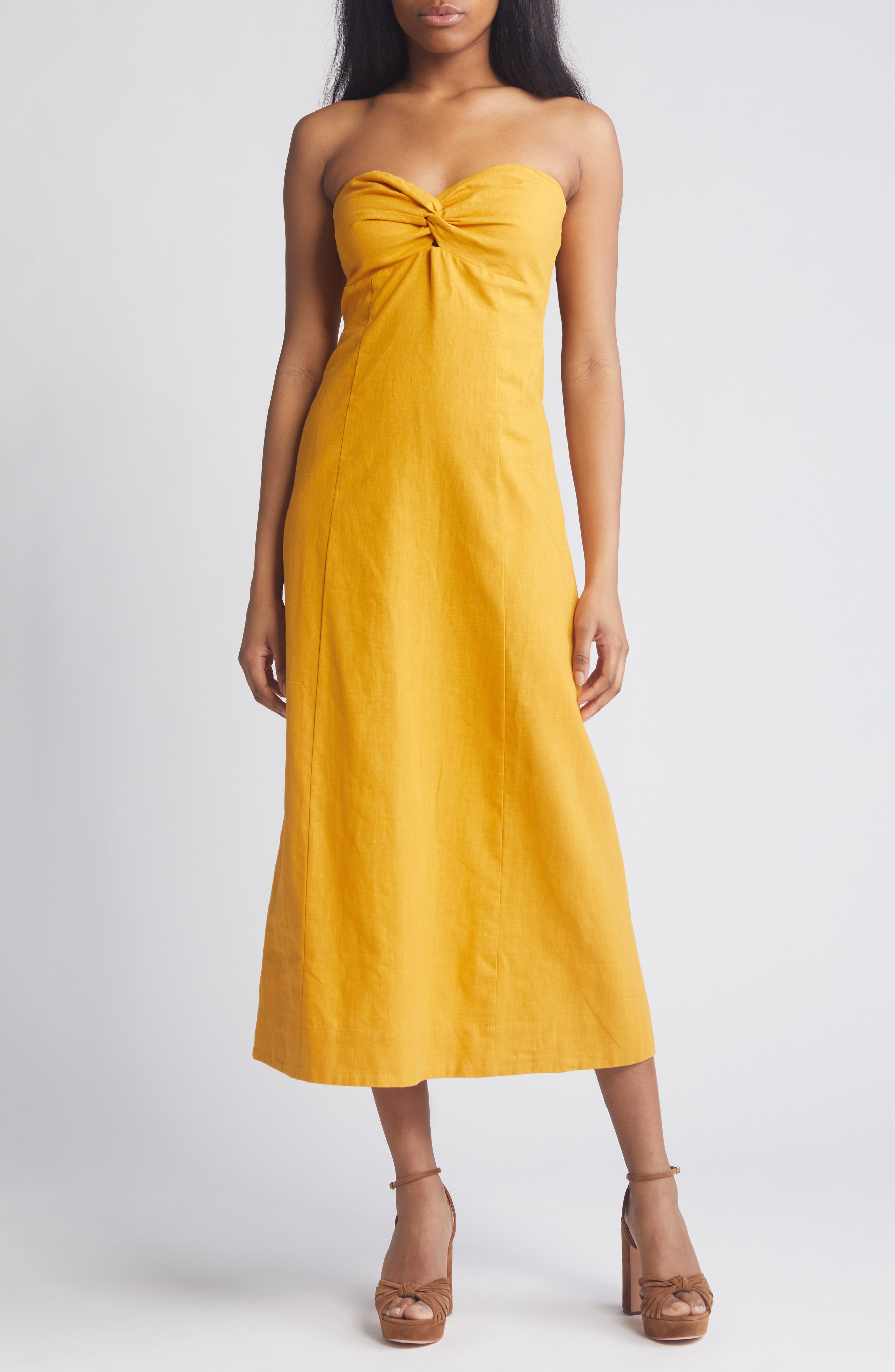 Lost + Wander Elia Strapless Linen & Cotton Midi Dress in Marigold