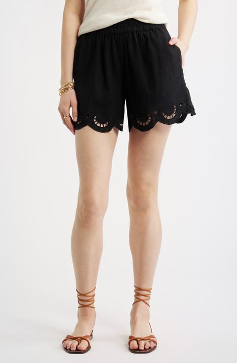 Cutwork Hem Linen Blend Pull-On Shorts