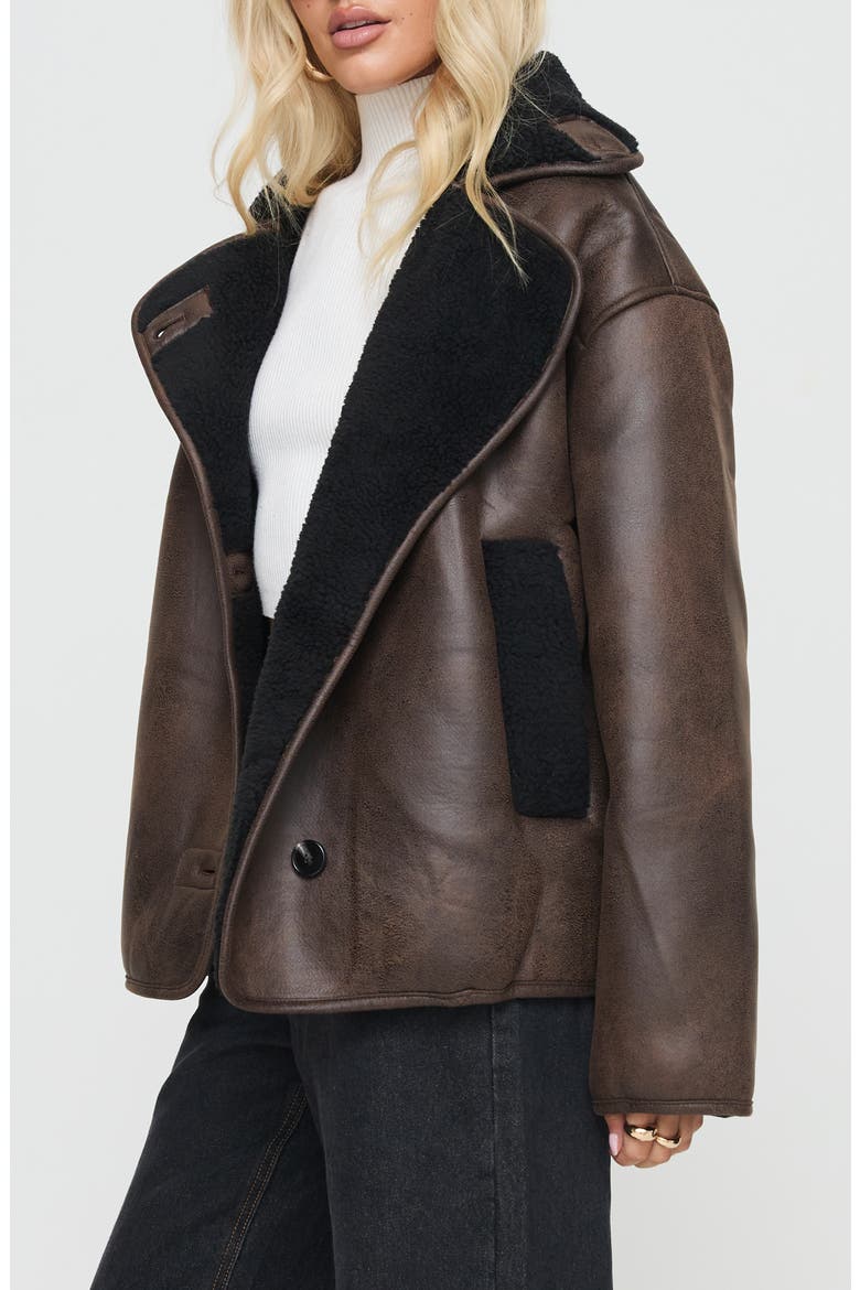 Nunez Water Repellent Faux Shearling Lined Faux Leather Jacket, Alternate, color, BROWN