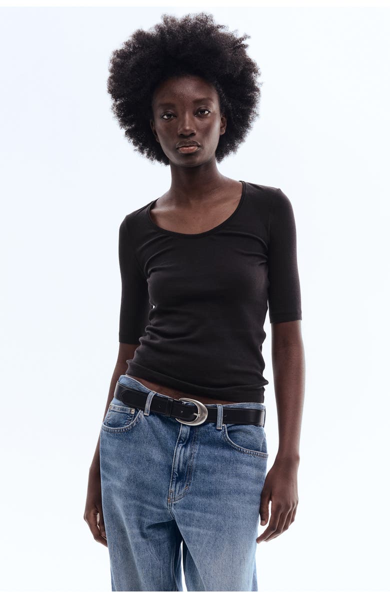 H&M Scoop-neck Pima Cotton Top, Alternate, color, Black