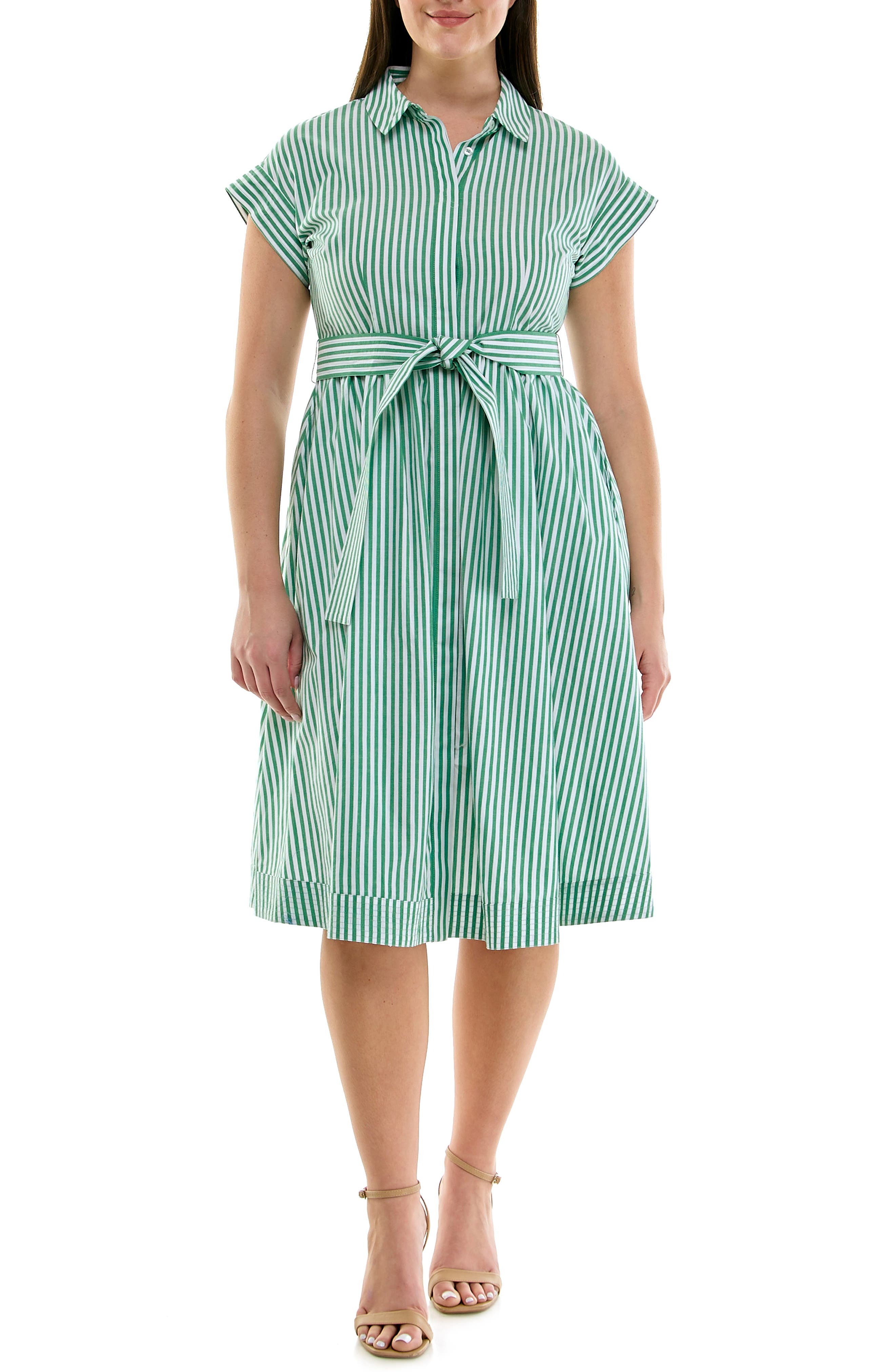 Stripe Cap Sleeve Cotton Poplin Shirtdress